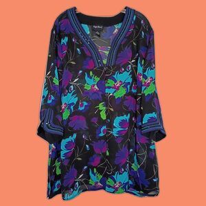 Maggie Barnes Sheer V Neck Button Up Blouse Floral Boho 3/4 Sleeve 1X 18/20W